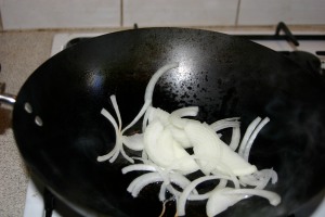 Saute onions in hot oil.